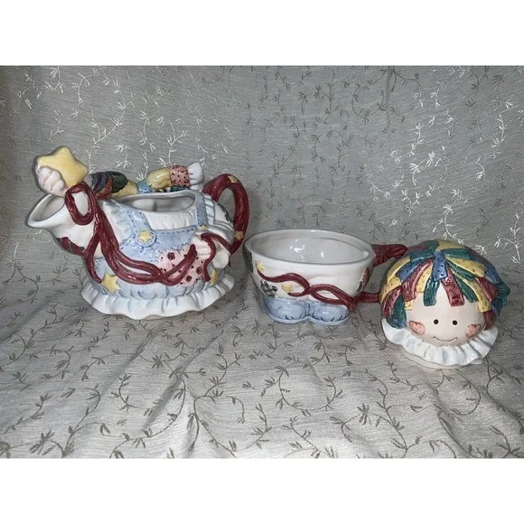 Vtg Teapot Patchwork Angel 1996 Cosmos For H.O.L. 3 Piece Tea For One Tea Pot - Picture 8 of 16